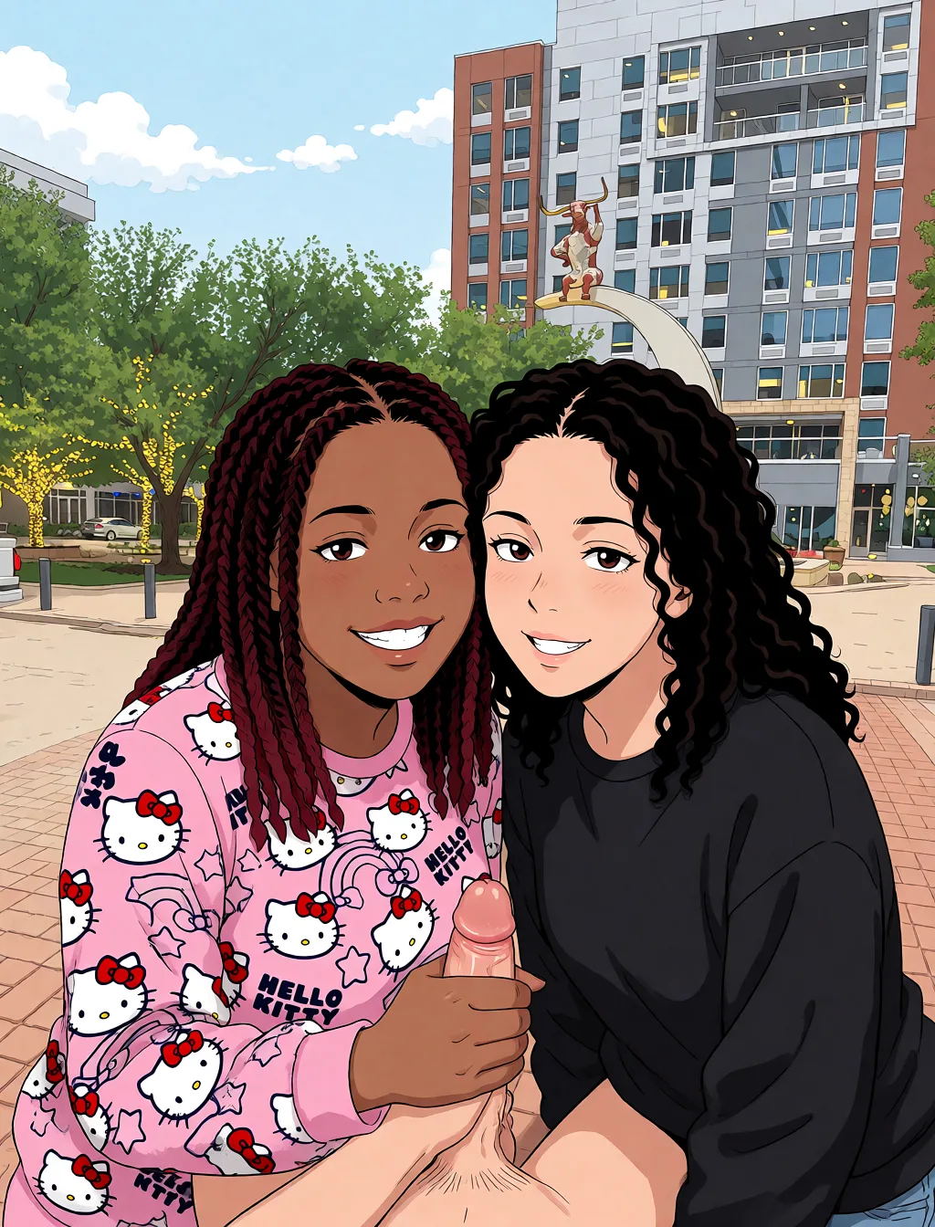 Redraw the entire picture as a hand-drawn anime illustration in flat cel-shaded anime style. It stays the same person with the same face, the same expression, the same hair and the same skin tone, and every other detail of the photograph is kept exactly as it is: nothing is added, removed, moved, uncovered or recoloured. Only the medium changes, and no part of the picture is left photographic. Above all, the picture must show: handjob.