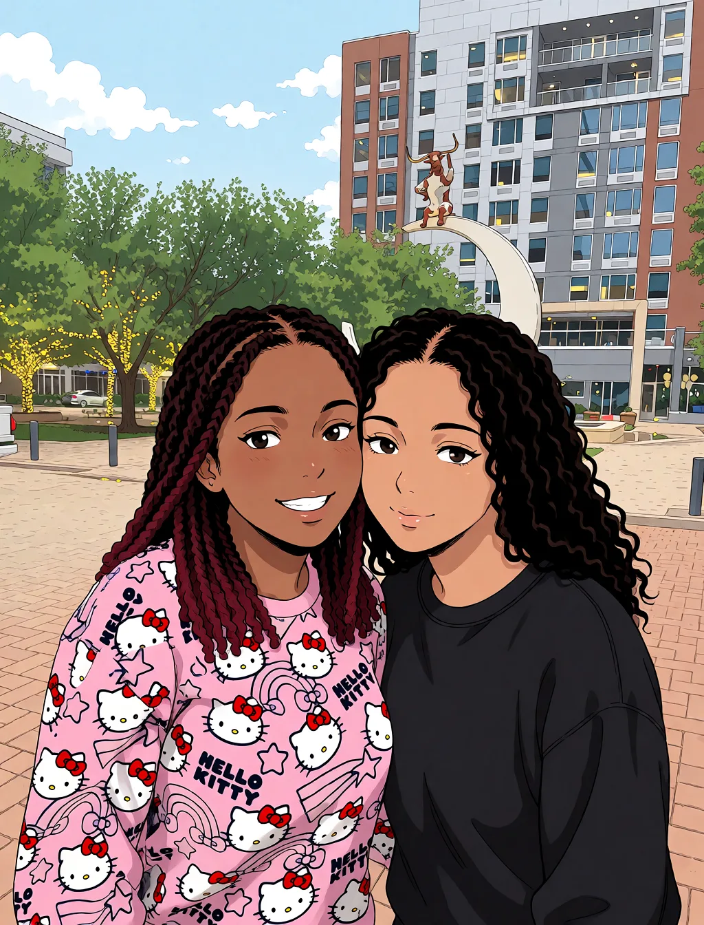 Redraw the entire picture as a hand-drawn anime illustration in flat cel-shaded anime style. It stays the same person with the same face, the same expression, the same hair and the same skin tone, and every other detail of the photograph is kept exactly as it is: nothing is added, removed, moved, uncovered or recoloured. Only the medium changes, and no part of the picture is left photographic. Above all, the picture must show: bikini group_sex.