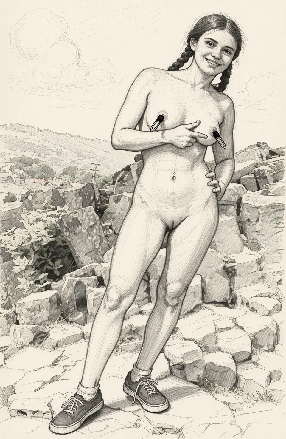 Redraw the entire picture as a hand-drawn graphite sketch on off-white paper: visible pencil strokes, cross-hatched shading, loose construction lines and no colour beyond the grey of the pencil and the tone of the paper. The background is drawn in the same style. Nothing in the frame keeps its photographic appearance. Above all, the picture must show: add nipple clamps.