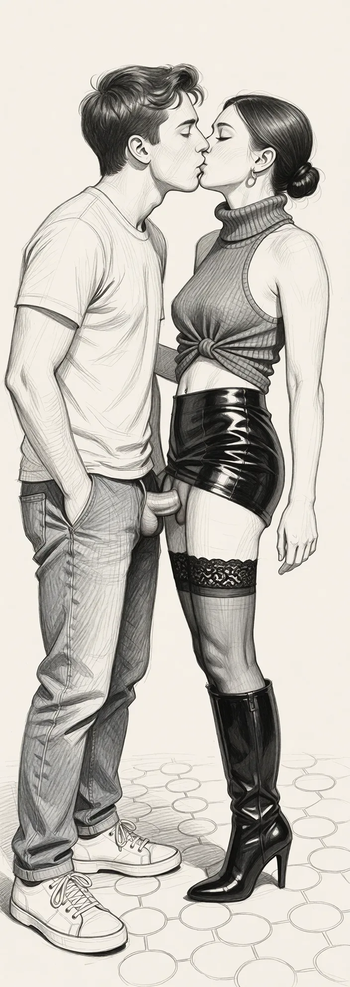 Redraw the entire picture as a hand-drawn graphite sketch on off-white paper: visible pencil strokes, cross-hatched shading, loose construction lines and no colour beyond the grey of the pencil and the tone of the paper. The background is drawn in the same style. Nothing in the frame keeps its photographic appearance. Above all, the picture must show: Blowjob.