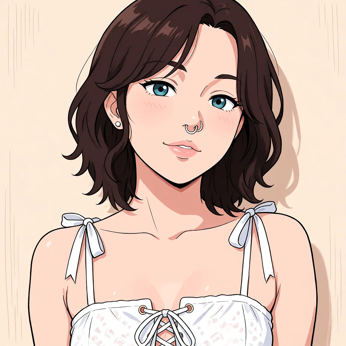 Redraw the entire picture as a hand-drawn anime illustration in flat cel-shaded anime style. It stays the same person with the same face, the same expression, the same hair and the same skin tone, and every other detail of the photograph is kept exactly as it is: nothing is added, removed, moved, uncovered or recoloured. Only the medium changes, and no part of the picture is left photographic. Above all, the picture must show: танцует голая.