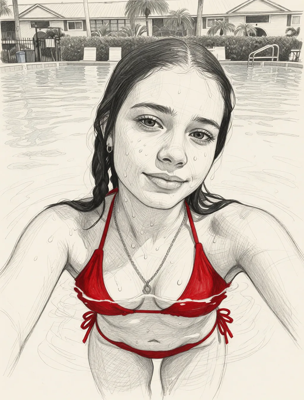 Redraw the entire picture as a hand-drawn graphite sketch on off-white paper: visible pencil strokes, cross-hatched shading, loose construction lines and no colour beyond the grey of the pencil and the tone of the paper. The background is drawn in the same style. Nothing in the frame keeps its photographic appearance. Above all, the picture must show: sex_from_behind.