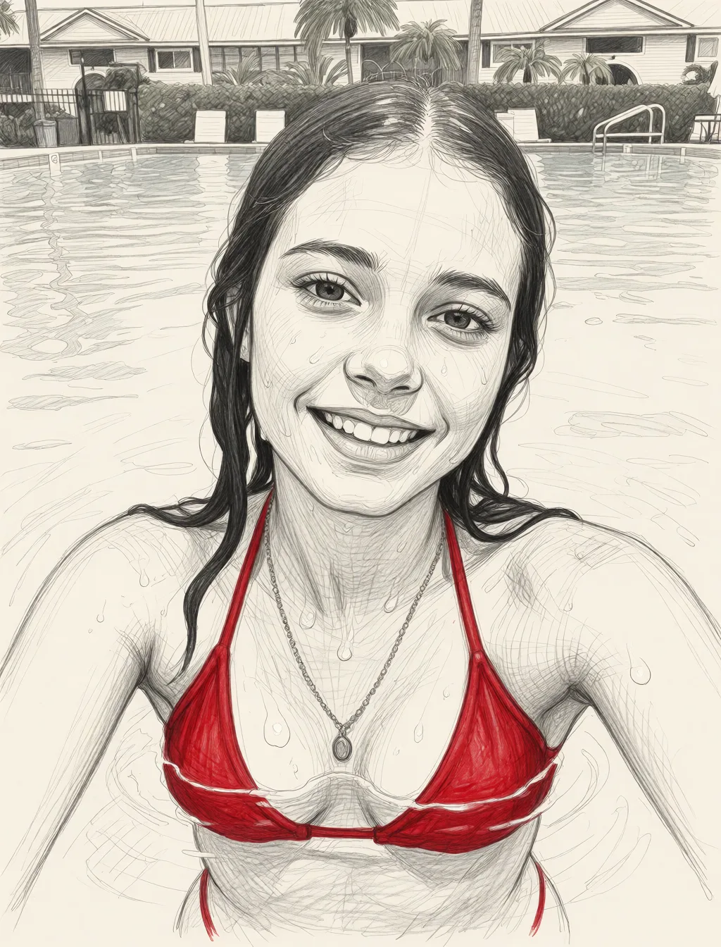 Redraw the entire picture as a hand-drawn graphite sketch on off-white paper: visible pencil strokes, cross-hatched shading, loose construction lines and no colour beyond the grey of the pencil and the tone of the paper. The background is drawn in the same style. Nothing in the frame keeps its photographic appearance. Above all, the picture must show: happy_sex no clothes.