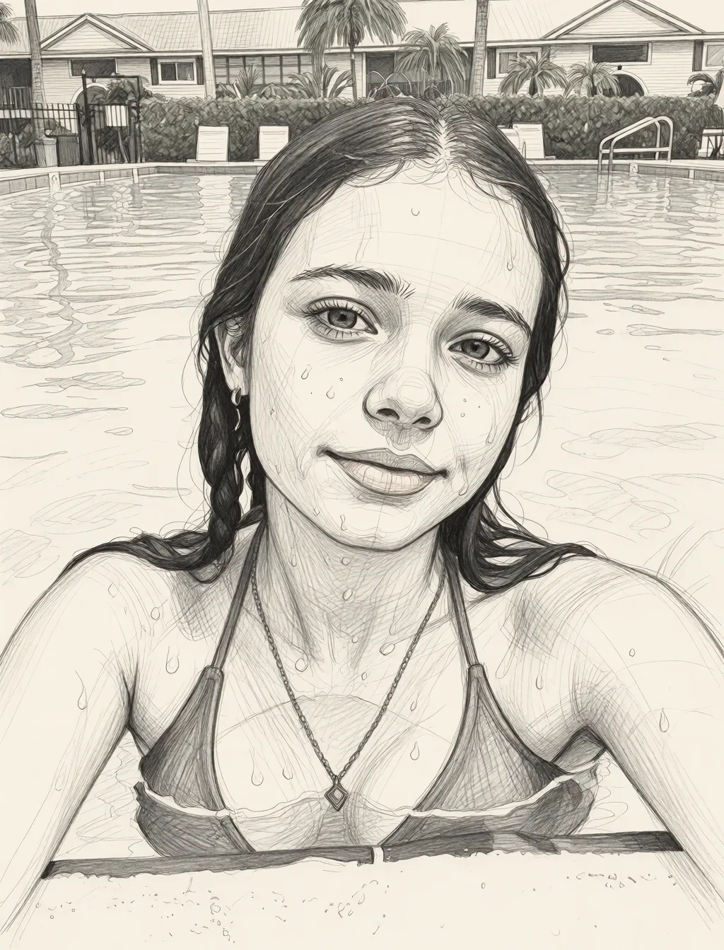 Redraw the entire picture as a hand-drawn graphite sketch on off-white paper: visible pencil strokes, cross-hatched shading, loose construction lines and no colour beyond the grey of the pencil and the tone of the paper. The background is drawn in the same style. Nothing in the frame keeps its photographic appearance. Above all, the picture must show: paizuri.