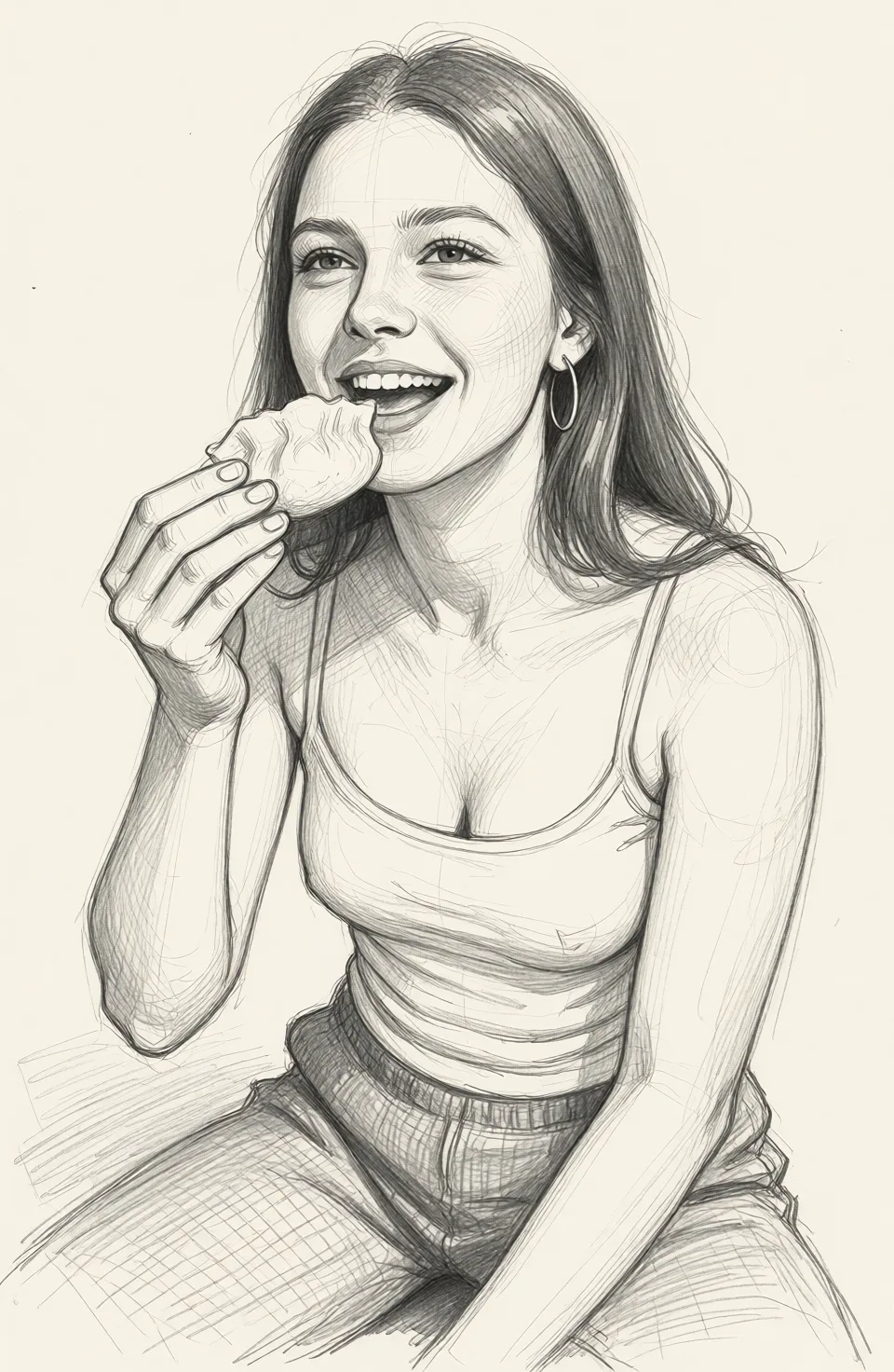 Redraw the entire picture as a hand-drawn graphite sketch on off-white paper: visible pencil strokes, cross-hatched shading, loose construction lines and no colour beyond the grey of the pencil and the tone of the paper. The background is drawn in the same style. Nothing in the frame keeps its photographic appearance. Above all, the picture must show: Her with no shirt on and normal breasts.