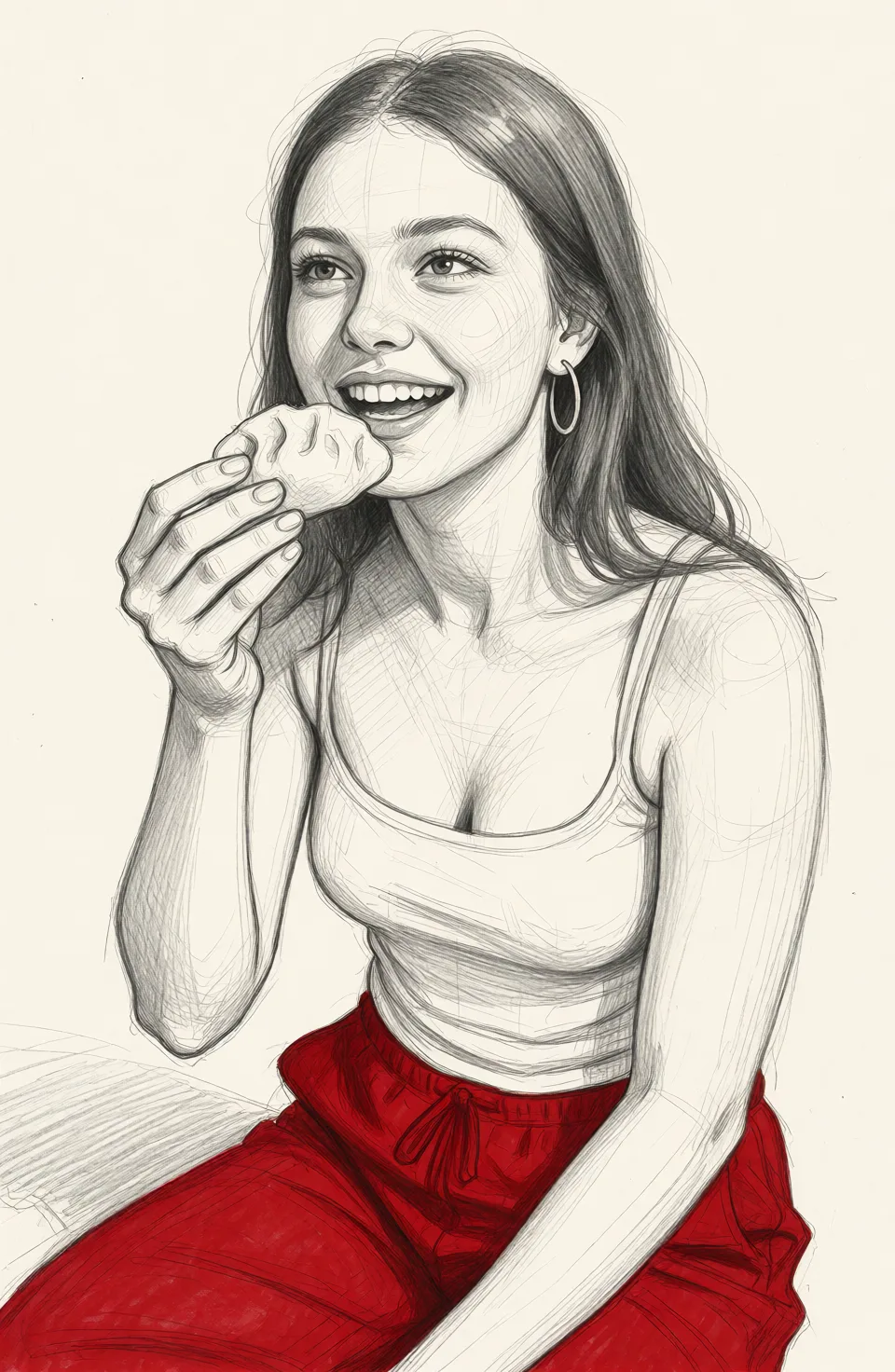 Redraw the entire picture as a hand-drawn graphite sketch on off-white paper: visible pencil strokes, cross-hatched shading, loose construction lines and no colour beyond the grey of the pencil and the tone of the paper. The background is drawn in the same style. Nothing in the frame keeps its photographic appearance. Above all, the picture must show: Her naked with normal tits.