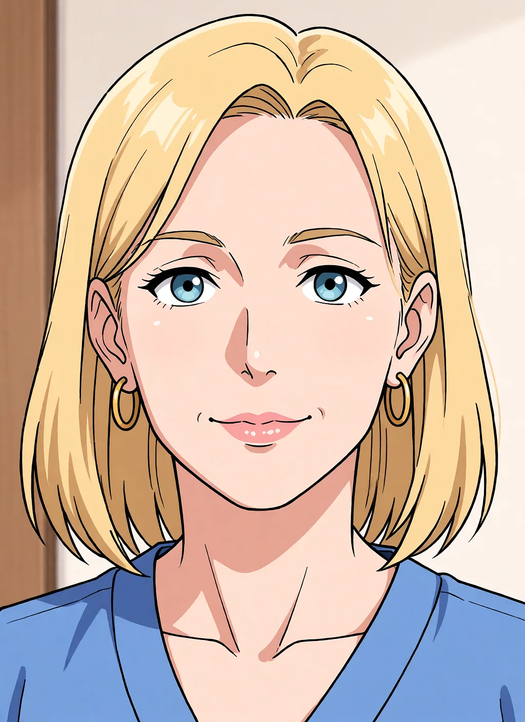 Redraw the entire picture as a hand-drawn anime illustration in flat cel-shaded anime style. It stays the same person with the same face, the same expression, the same hair and the same skin tone, and every other detail of the photograph is kept exactly as it is: nothing is added, removed, moved, uncovered or recoloured. Only the medium changes, and no part of the picture is left photographic. Above all, the picture must show: nude mature_female.