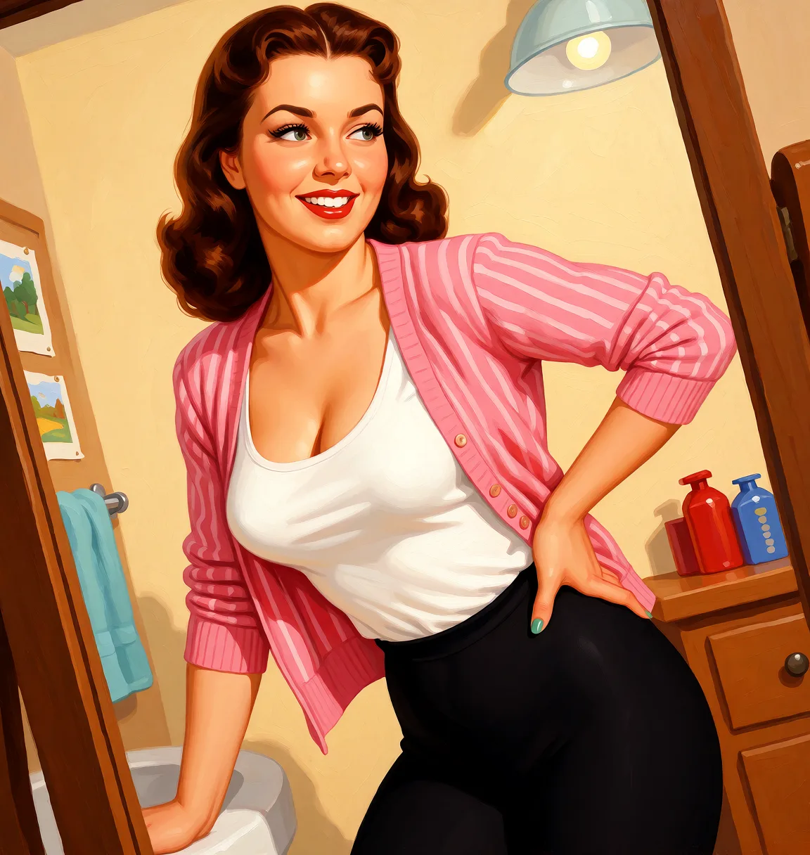 Redraw the entire picture as a retro pin-up illustration: smooth airbrushed gouache paint, warm saturated mid-century colour, clean confident outlines and glamorous stylised features, in the look of a 1950s pin-up poster. The background is painted in the same style. Nothing in the frame keeps its photographic appearance. Above all, the picture must show: Naked with a smile and slight bend in the hips. Plump natural tits.