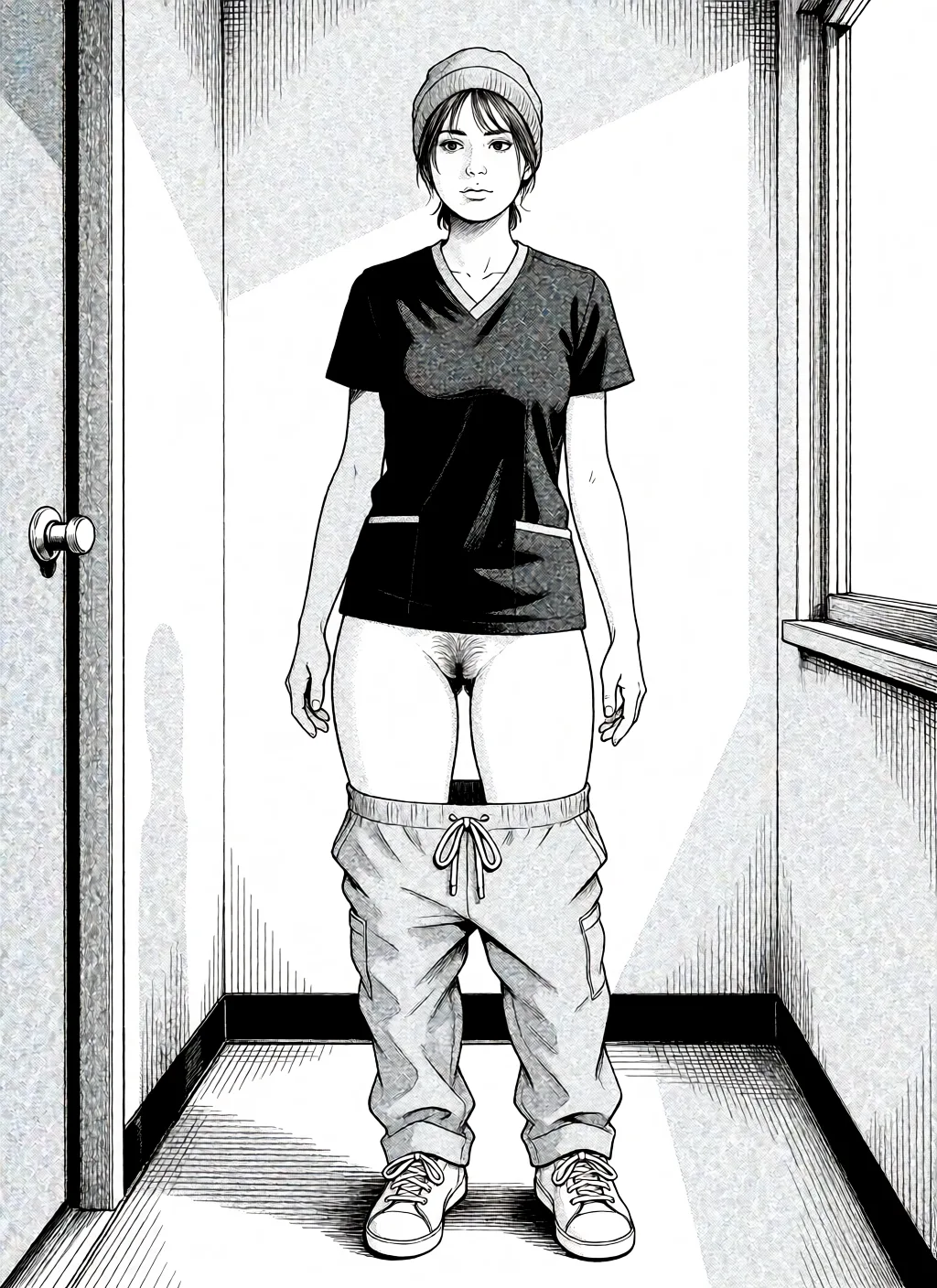 Redraw the entire picture as a black and white manga page: crisp black ink line art, no colour anywhere, flat halftone screentone shading, hatched shadows and clean white highlights, in the look of a printed manga panel. The background is drawn in the same style. Nothing in the frame keeps its photographic appearance. Above all, the picture must show: make her have scrub pants pulled down around her knees showing hairy pussy, keep all the colors the same.