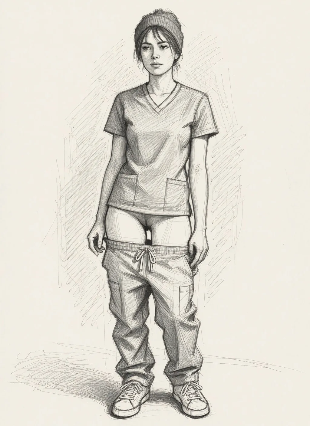 Redraw the entire picture as a hand-drawn graphite sketch on off-white paper: visible pencil strokes, cross-hatched shading, loose construction lines and no colour beyond the grey of the pencil and the tone of the paper. The background is drawn in the same style. Nothing in the frame keeps its photographic appearance. Above all, the picture must show: make her pulling down scrub pants down around her knees.