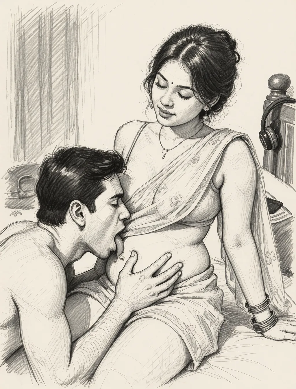 Redraw the entire picture as a hand-drawn graphite sketch on off-white paper: visible pencil strokes, cross-hatched shading, loose construction lines and no colour beyond the grey of the pencil and the tone of the paper. The background is drawn in the same style. Nothing in the frame keeps its photographic appearance. Above all, the picture must show: One man is sucking my breast and other is sucking my belly.