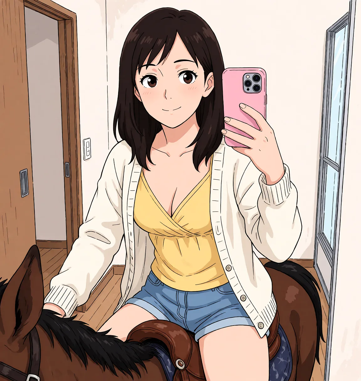 Redraw the entire picture as a hand-drawn anime illustration in flat cel-shaded anime style. It stays the same person with the same face, the same expression, the same hair and the same skin tone, and every other detail of the photograph is kept exactly as it is: nothing is added, removed, moved, uncovered or recoloured. Only the medium changes, and no part of the picture is left photographic. Above all, the picture must show: riding.