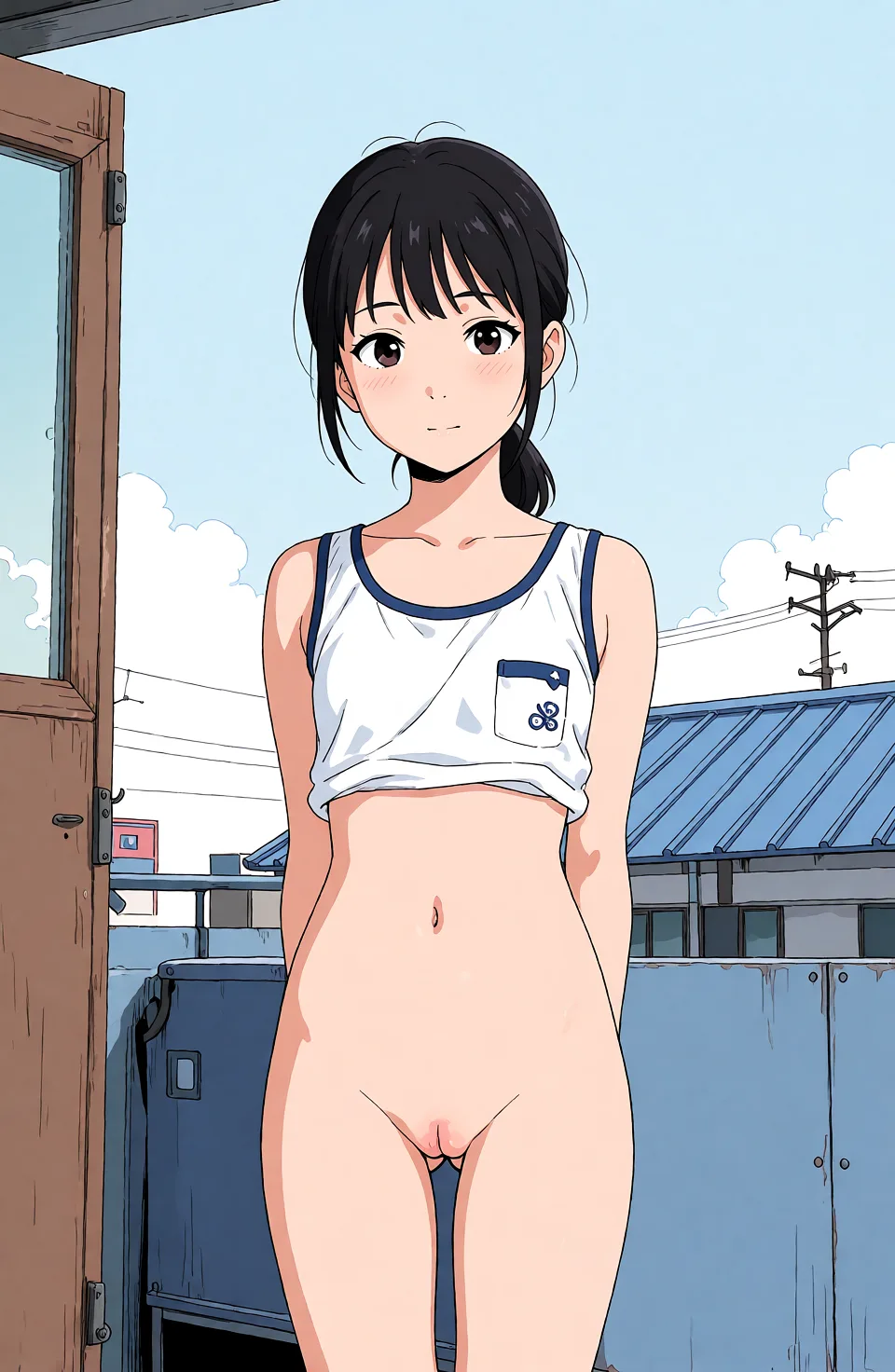 Redraw the entire picture as a hand-drawn anime illustration in flat cel-shaded anime style. It stays the same person with the same face, the same expression, the same hair and the same skin tone, and every other detail of the photograph is kept exactly as it is: nothing is added, removed, moved, uncovered or recoloured. Only the medium changes, and no part of the picture is left photographic. Above all, the picture must show: naked.