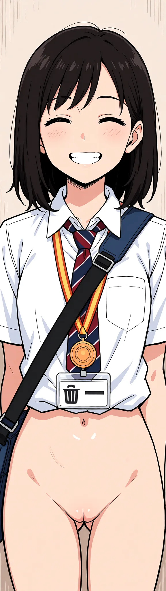 Redraw the entire picture as a hand-drawn anime illustration in flat cel-shaded anime style. It stays the same person with the same face, the same expression, the same hair and the same skin tone, and every other detail of the photograph is kept exactly as it is: nothing is added, removed, moved, uncovered or recoloured. Only the medium changes, and no part of the picture is left photographic. Above all, the picture must show: nude.