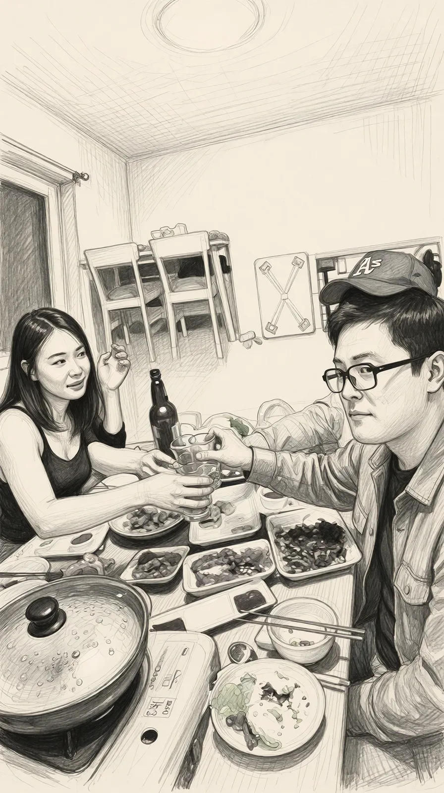 Redraw the entire picture as a hand-drawn graphite sketch on off-white paper: visible pencil strokes, cross-hatched shading, loose construction lines and no colour beyond the grey of the pencil and the tone of the paper. The background is drawn in the same style. Nothing in the frame keeps its photographic appearance. Above all, the picture must show: 검정색옷 여성이 옷을벗고 나체로 침대에 눕는다.