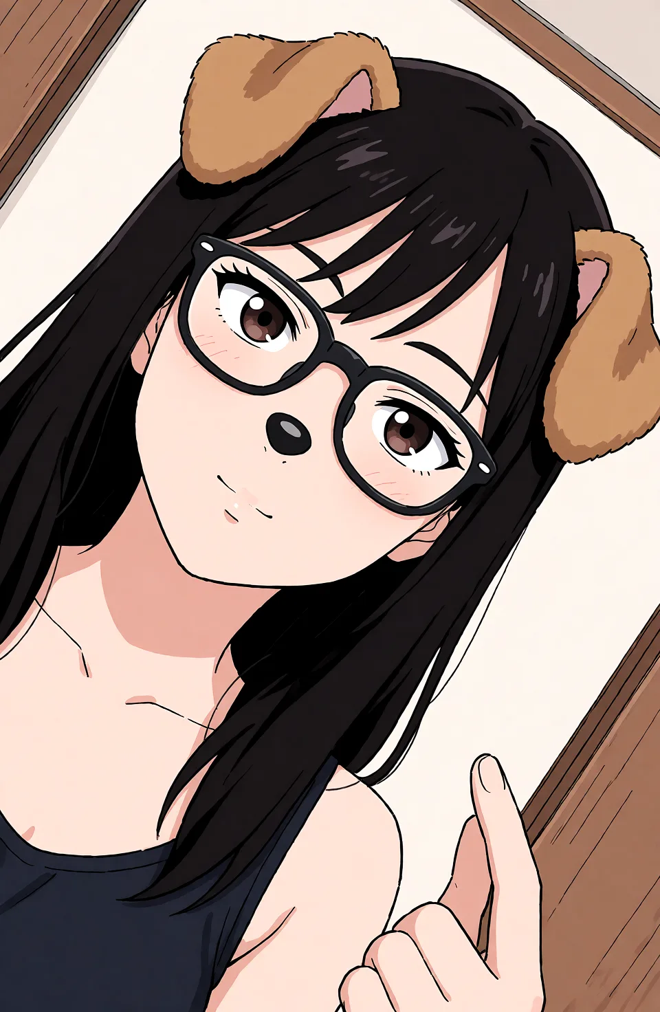 Redraw the entire picture as a hand-drawn anime illustration in flat cel-shaded anime style. It stays the same person with the same face, the same expression, the same hair and the same skin tone, and every other detail of the photograph is kept exactly as it is: nothing is added, removed, moved, uncovered or recoloured. Only the medium changes, and no part of the picture is left photographic. Above all, the picture must show: make it and keep every trait you see and make her finger herself, make it.