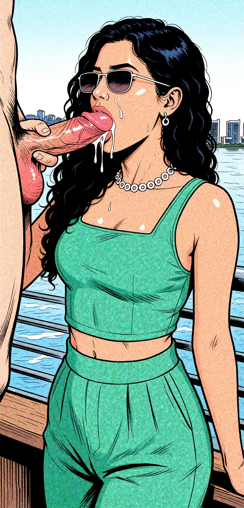 Redraw the entire picture as western comic-book art: heavy black inked outlines, hard-edged cel shading, limited high-contrast colour and visible halftone dot texture. The background is drawn in the same style. Nothing in the frame keeps its photographic appearance. Above all, the picture must show: sex fellatio.
