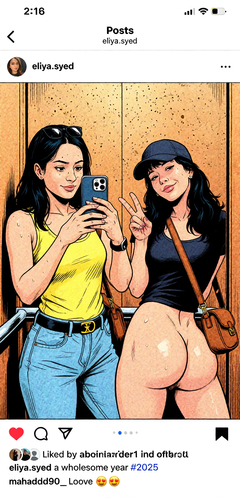 Redraw the entire picture as western comic-book art: heavy black inked outlines, hard-edged cel shading, limited high-contrast colour and visible halftone dot texture. The background is drawn in the same style. Nothing in the frame keeps its photographic appearance. Above all, the picture must show: completely_nude both doggystyle.