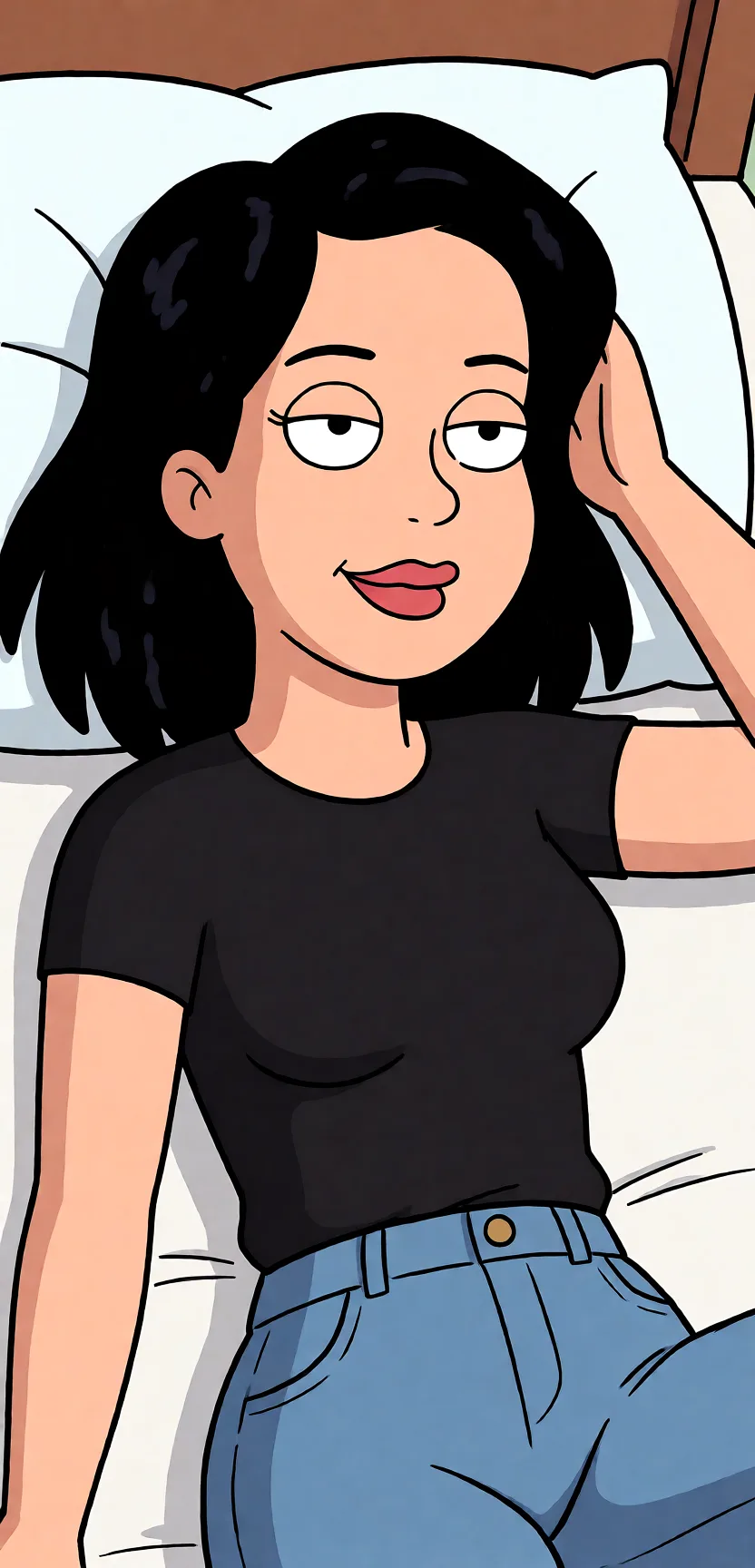 Redraw the entire picture as a western animated cartoon cel: thick even outlines, flat bright blocks of colour, simplified rounded shapes and hard-edged shadows, in the look of a television cartoon rather than of a camera. Keep the woman's adult proportions and adult figure exactly as they are; only the drawing style changes. The background is drawn in the same style. Nothing in the frame keeps its photographic appearance. Above all, the picture must show: Кончили внутрь.