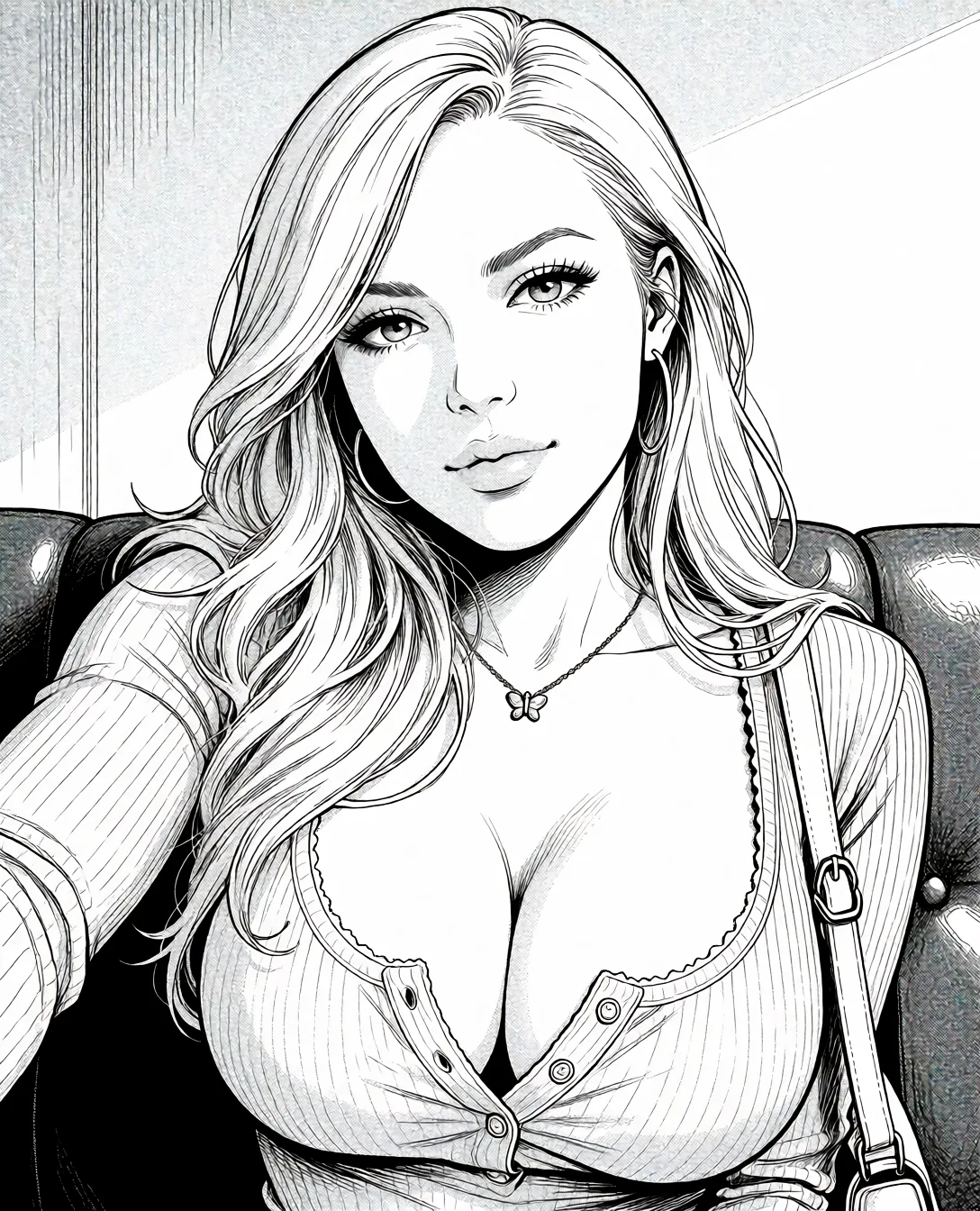 Redraw the entire picture as a black and white manga page: crisp black ink line art, no colour anywhere, flat halftone screentone shading, hatched shadows and clean white highlights, in the look of a printed manga panel. The background is drawn in the same style. Nothing in the frame keeps its photographic appearance. Above all, the picture must show: sex.