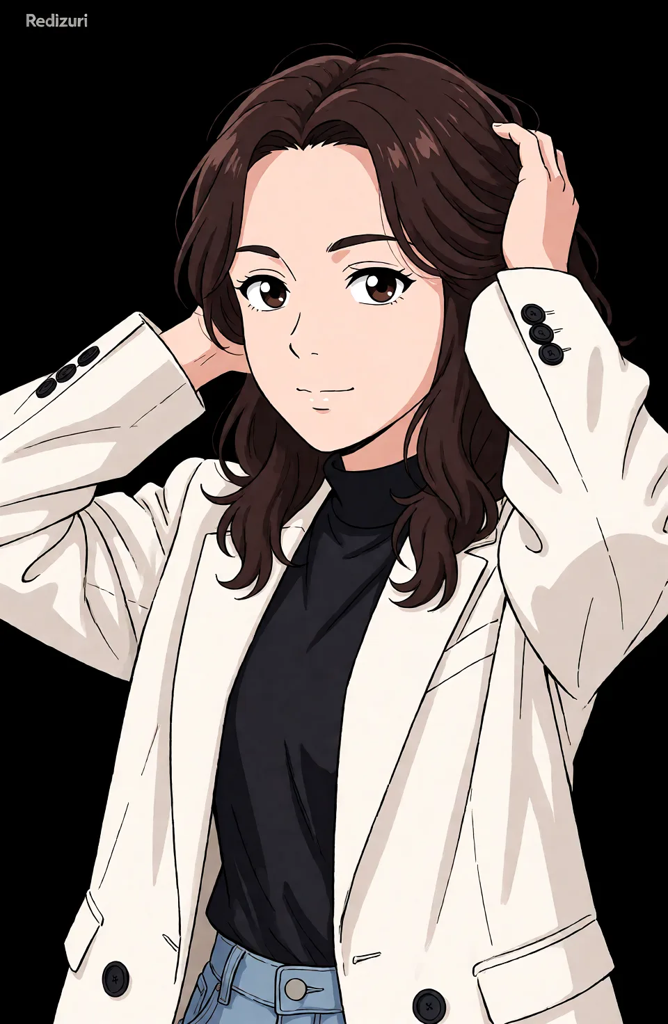 Redraw the entire picture as a hand-drawn anime illustration in flat cel-shaded anime style. It stays the same person with the same face, the same expression, the same hair and the same skin tone, and every other detail of the photograph is kept exactly as it is: nothing is added, removed, moved, uncovered or recoloured. Only the medium changes, and no part of the picture is left photographic. Above all, the picture must show: paizuri.