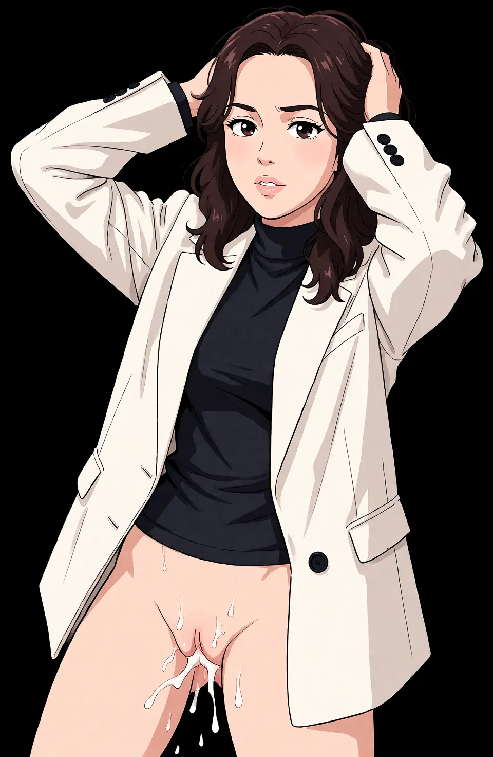 Redraw the entire picture as a hand-drawn anime illustration in flat cel-shaded anime style. It stays the same person with the same face, the same expression, the same hair and the same skin tone, and every other detail of the photograph is kept exactly as it is: nothing is added, removed, moved, uncovered or recoloured. Only the medium changes, and no part of the picture is left photographic. Above all, the picture must show: masturbation.