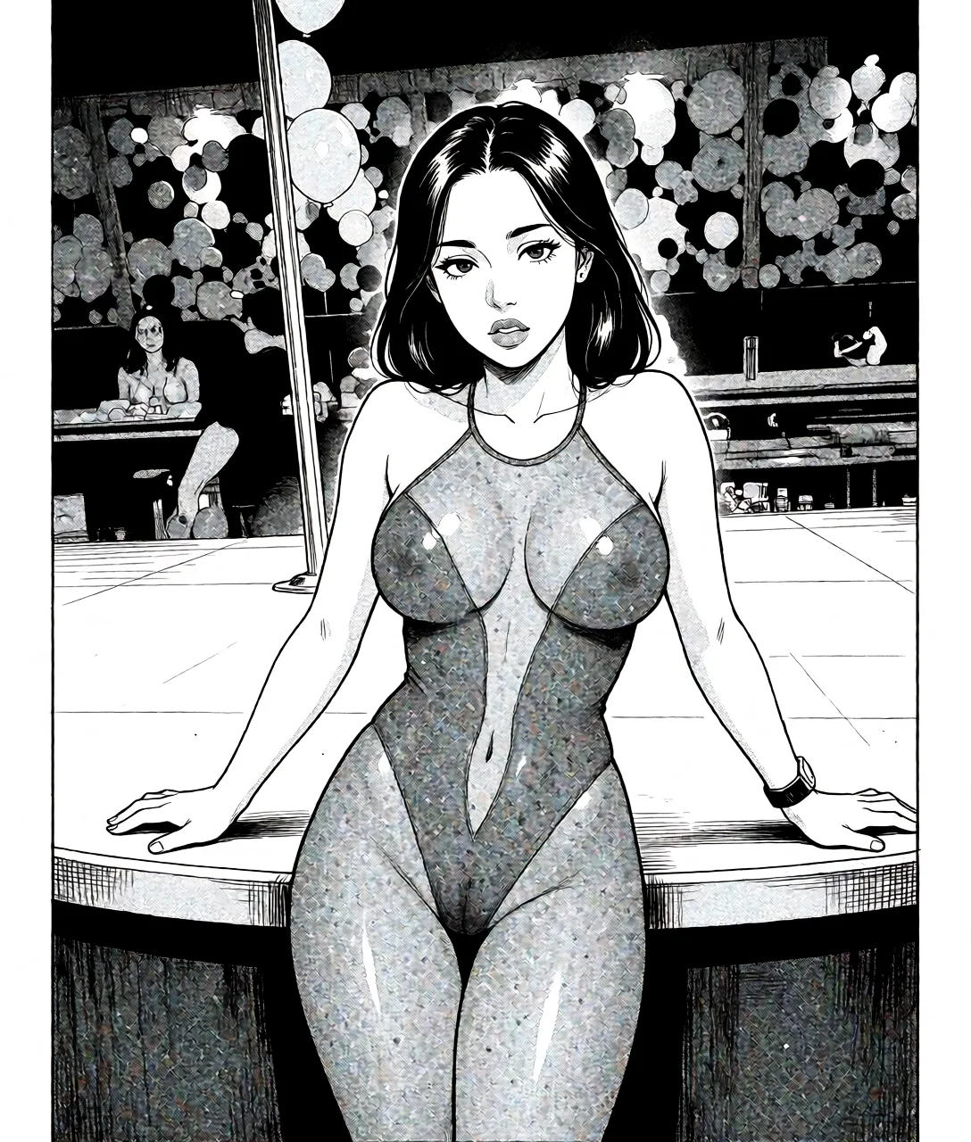 Redraw the entire picture as a black and white manga page: crisp black ink line art, no colour anywhere, flat halftone screentone shading, hatched shadows and clean white highlights, in the look of a printed manga panel. The background is drawn in the same style. Nothing in the frame keeps its photographic appearance. Above all, the picture must show: Tease undress then masturbation.