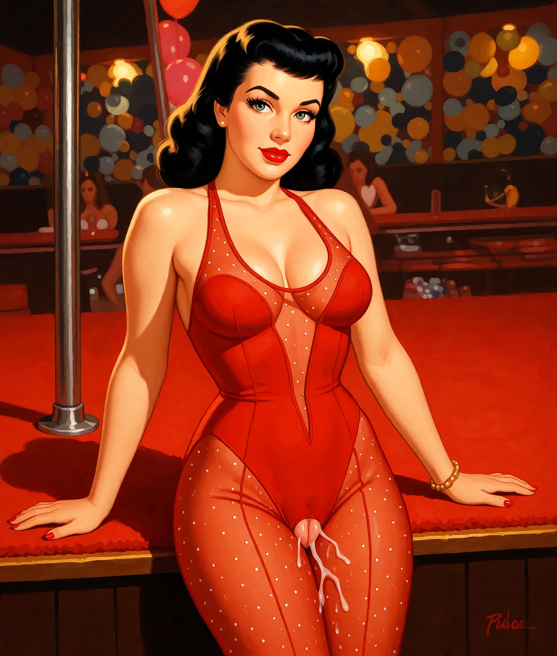 Redraw the entire picture as a retro pin-up illustration: smooth airbrushed gouache paint, warm saturated mid-century colour, clean confident outlines and glamorous stylised features, in the look of a 1950s pin-up poster. The background is painted in the same style. Nothing in the frame keeps its photographic appearance. Above all, the picture must show: masturbation.