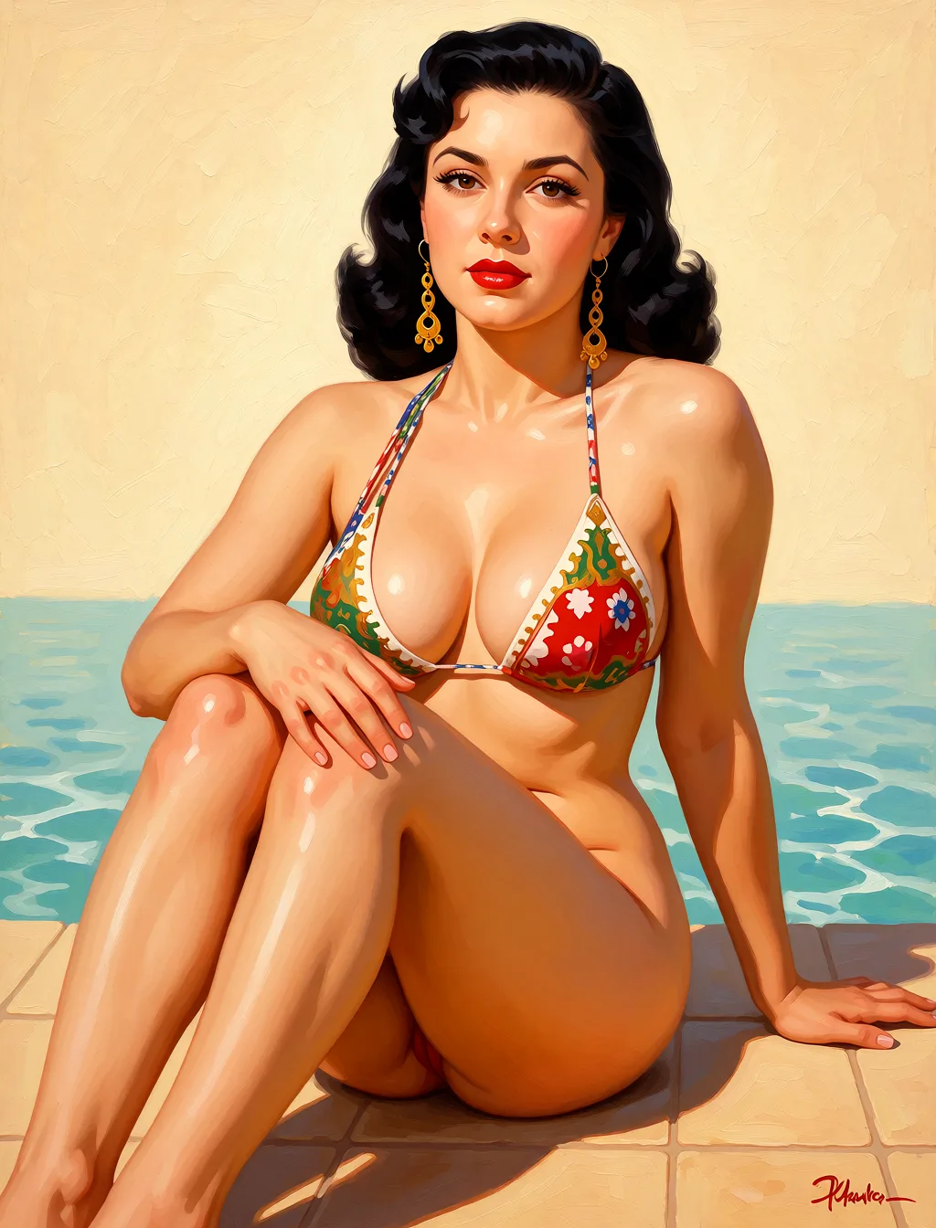 Redraw the entire picture as a retro pin-up illustration: smooth airbrushed gouache paint, warm saturated mid-century colour, clean confident outlines and glamorous stylised features, in the look of a 1950s pin-up poster. The background is painted in the same style. Nothing in the frame keeps its photographic appearance. Above all, the picture must show: she has her knees raised, hands on her knees with her legs spread slightly, she is naked.