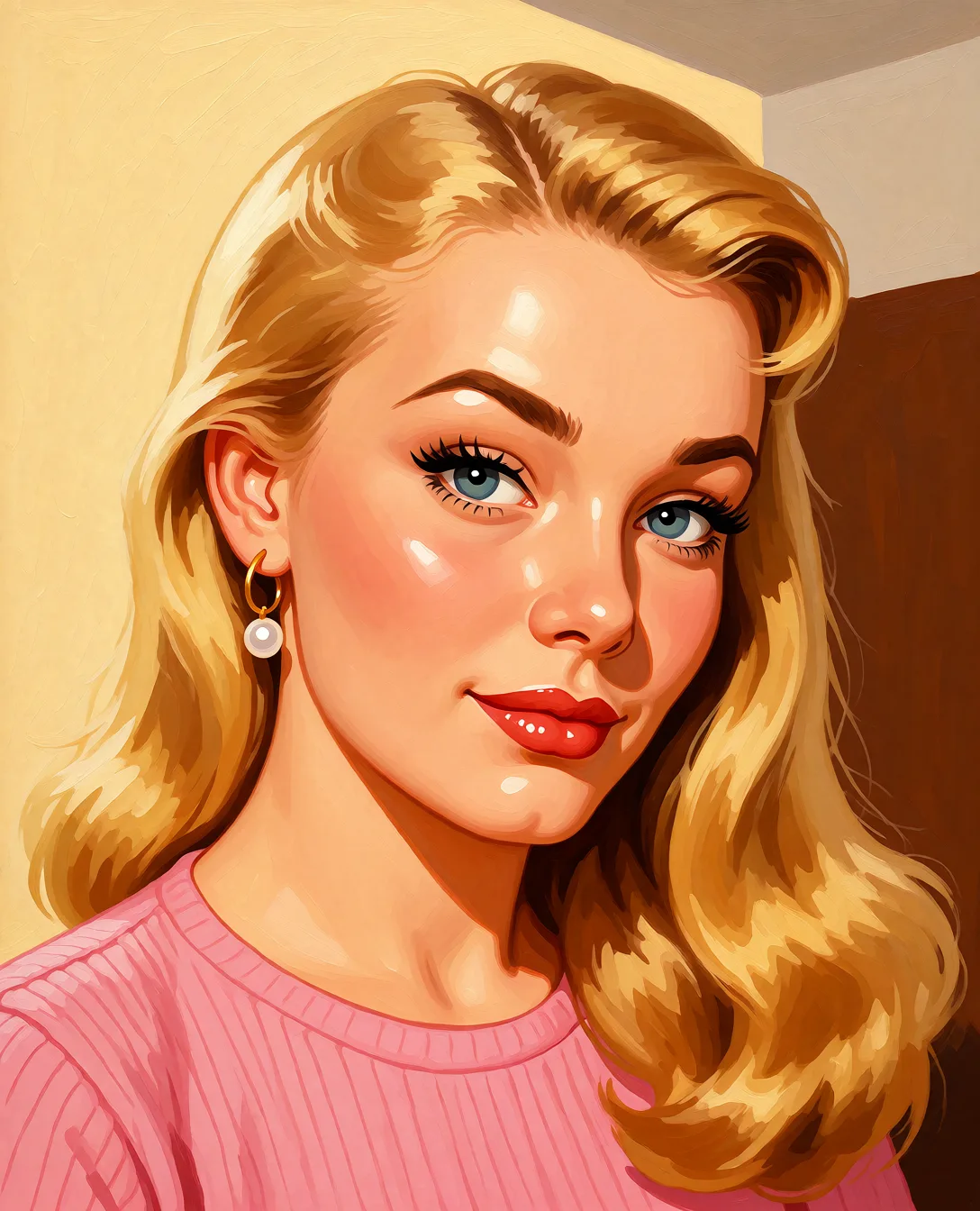 Redraw the entire picture as a retro pin-up illustration: smooth airbrushed gouache paint, warm saturated mid-century colour, clean confident outlines and glamorous stylised features, in the look of a 1950s pin-up poster. The background is painted in the same style. Nothing in the frame keeps its photographic appearance. Above all, the picture must show: gangbang.