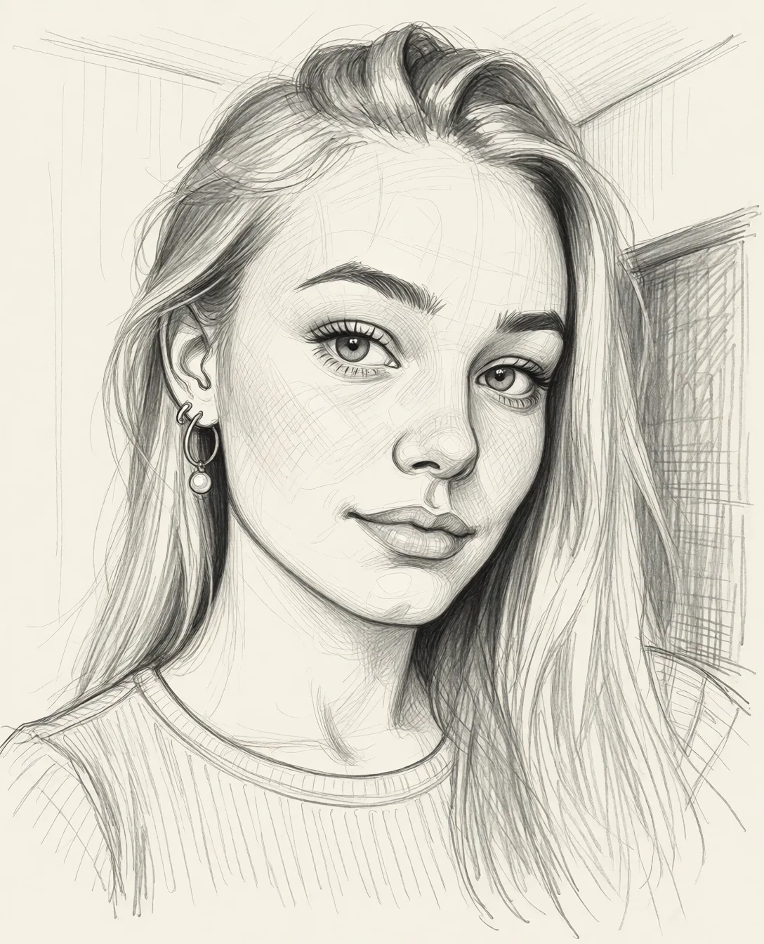 Redraw the entire picture as a hand-drawn graphite sketch on off-white paper: visible pencil strokes, cross-hatched shading, loose construction lines and no colour beyond the grey of the pencil and the tone of the paper. The background is drawn in the same style. Nothing in the frame keeps its photographic appearance. Above all, the picture must show: gangbang creampie.