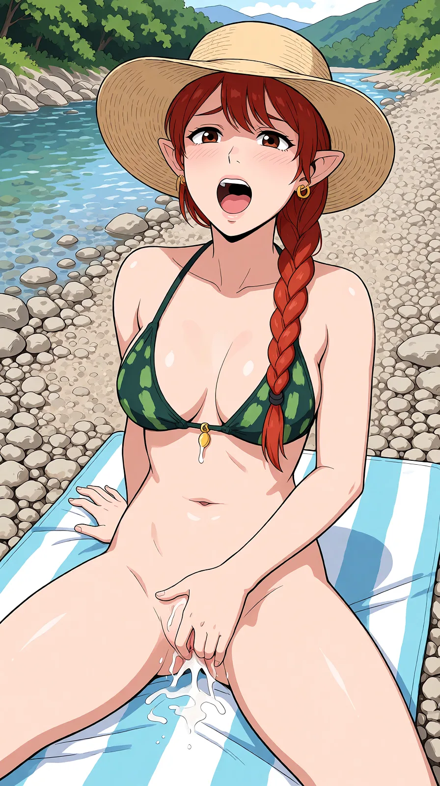 Redraw the entire picture as a hand-drawn anime illustration in flat cel-shaded anime style. It stays the same person with the same face, the same expression, the same hair and the same skin tone, and every other detail of the photograph is kept exactly as it is: nothing is added, removed, moved, uncovered or recoloured. Only the medium changes, and no part of the picture is left photographic. Above all, the picture must show: The woman is sitting on a towel, on a gravelly bank of a river. She has her legs open, her body slightly back and holds herself with one hand. With the other hand she masturbates her wet vagina and has a facial expression of real pleasure. She is without underwear, the upper part of the bikini is only slightly pushed away to show both her tits. Take off her glasses (brown eyes) and make her ears tucked under her hat.
