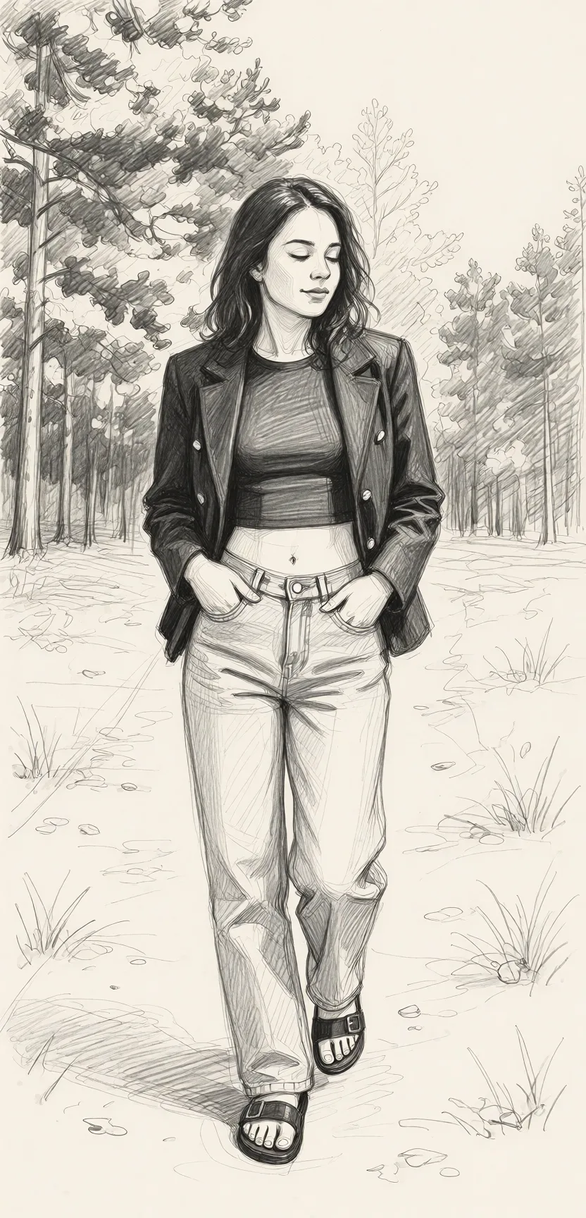 Redraw the entire picture as a hand-drawn graphite sketch on off-white paper: visible pencil strokes, cross-hatched shading, loose construction lines and no colour beyond the grey of the pencil and the tone of the paper. The background is drawn in the same style. Nothing in the frame keeps its photographic appearance. Above all, the picture must show: no_panties.