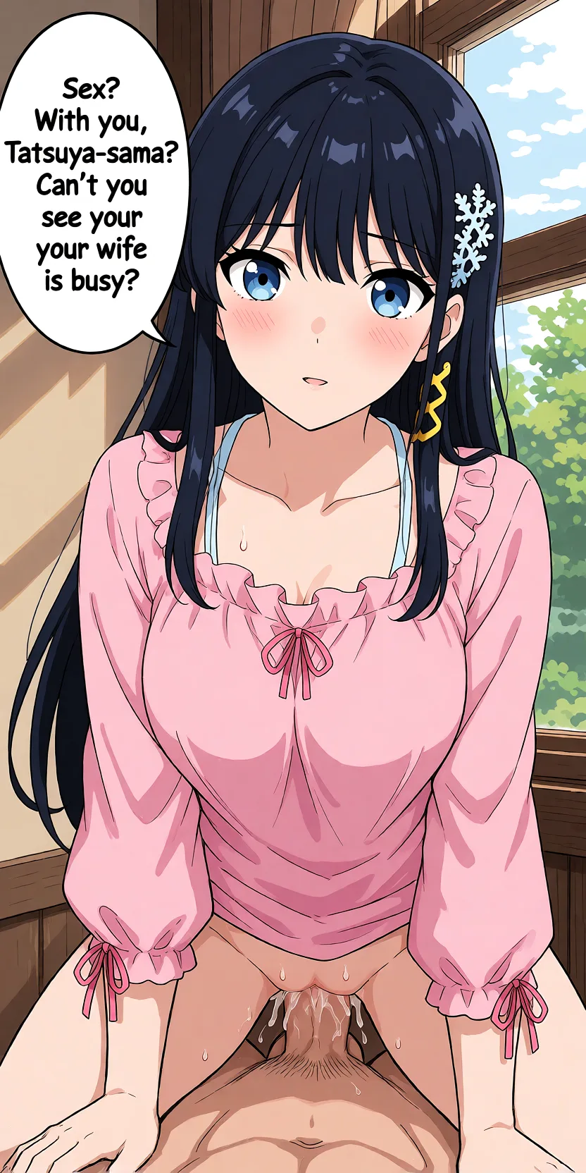 Redraw the entire picture as a hand-drawn anime illustration in flat cel-shaded anime style. It stays the same person with the same face, the same expression, the same hair and the same skin tone, and every other detail of the photograph is kept exactly as it is: nothing is added, removed, moved, uncovered or recoloured. Only the medium changes, and no part of the picture is left photographic. Above all, the picture must show: looking at viewer as she leans forward and her vagina is being pounded from the behind by a man who is not the viewer. She is saying ‘Sex? With you, Tatsuya-sama? Can't you see your wife is busy?’.
