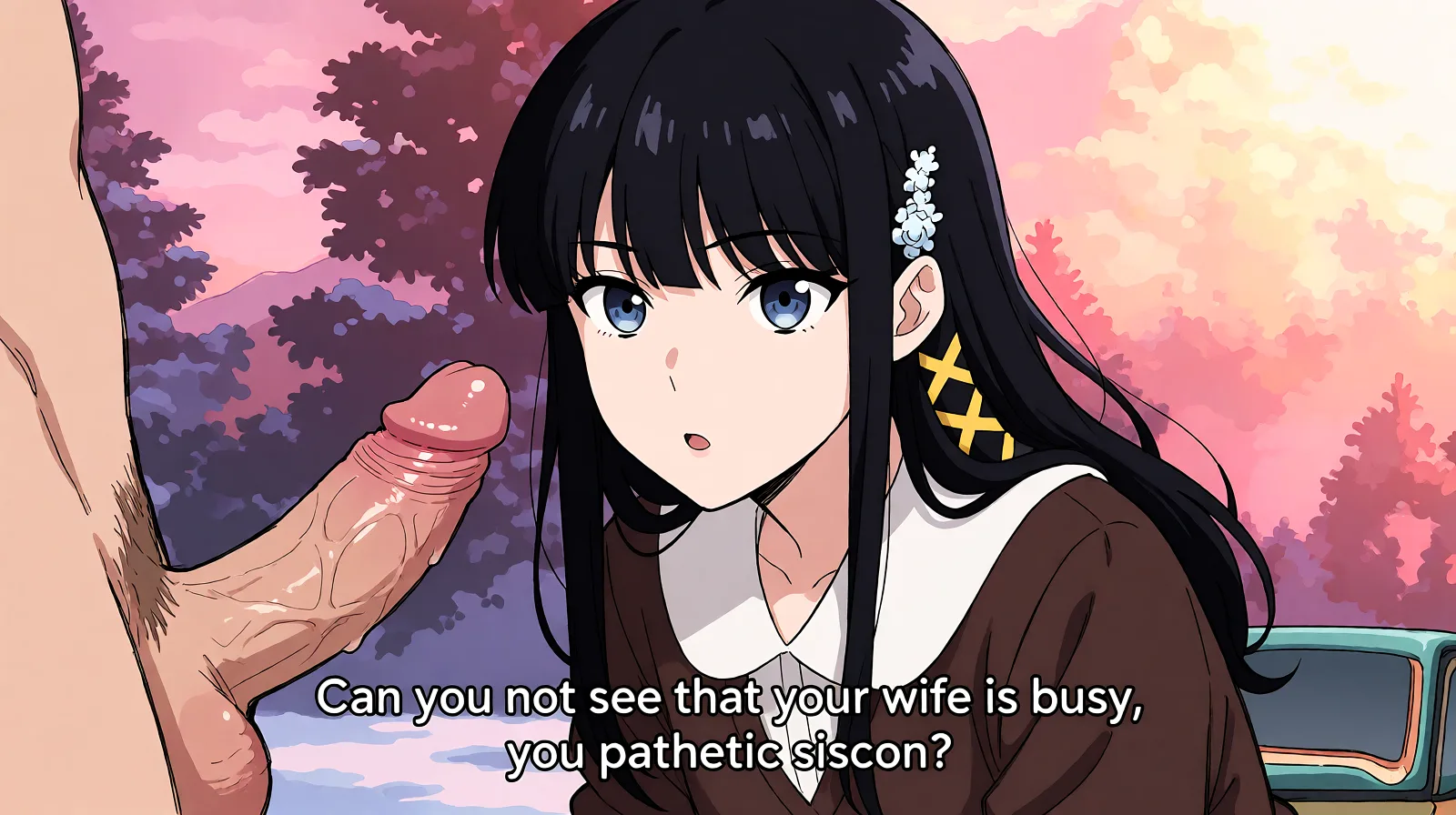 Redraw the entire picture as a hand-drawn anime illustration in flat cel-shaded anime style. It stays the same person with the same face, the same expression, the same hair and the same skin tone, and every other detail of the photograph is kept exactly as it is: nothing is added, removed, moved, uncovered or recoloured. Only the medium changes, and no part of the picture is left photographic. Above all, the picture must show: looking at viewer as she squats over and has sex with a large penis, of a man who is not the viwer. her beautiful black hair swaying. She is saying ‘Can you not see that your wife is busy, you pathetic siscon?’.