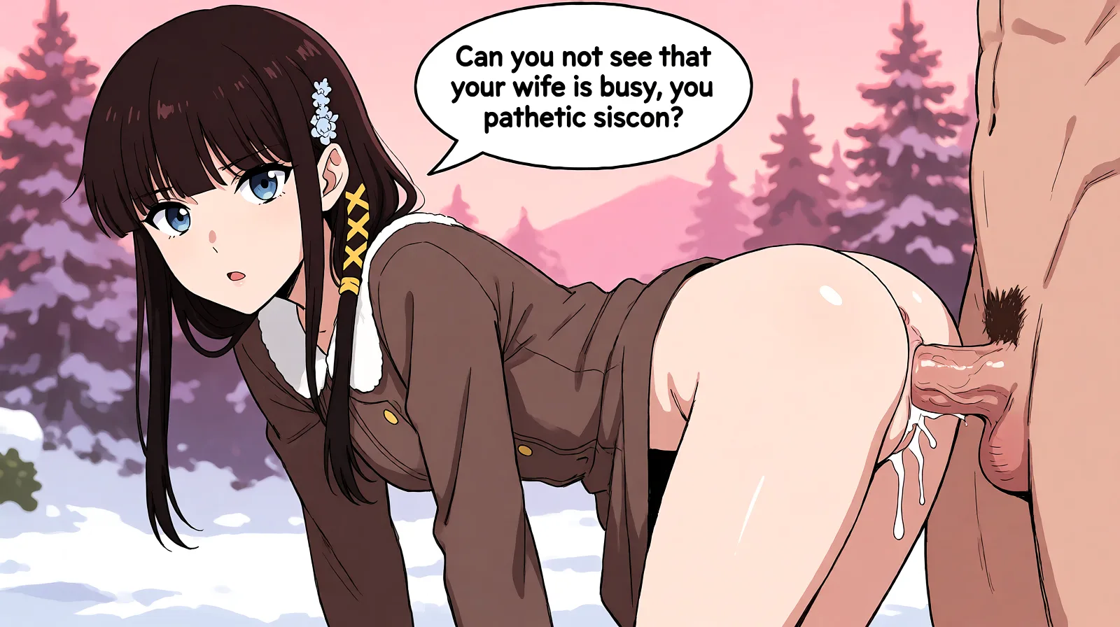 Redraw the entire picture as a hand-drawn anime illustration in flat cel-shaded anime style. It stays the same person with the same face, the same expression, the same hair and the same skin tone, and every other detail of the photograph is kept exactly as it is: nothing is added, removed, moved, uncovered or recoloured. Only the medium changes, and no part of the picture is left photographic. Above all, the picture must show: looking at viewer as she is bent over and fucked in the pussy by alarge penis. She is saying ‘Can you not see that your wife is busy, you pathetic siscon?’.