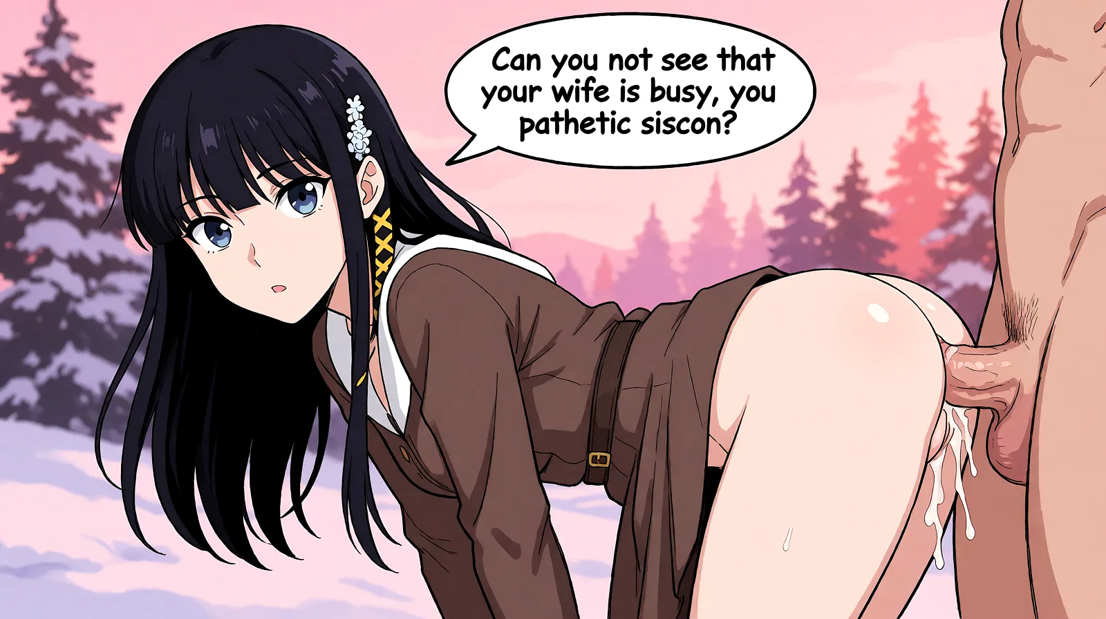 Redraw the entire picture as a hand-drawn anime illustration in flat cel-shaded anime style. It stays the same person with the same face, the same expression, the same hair and the same skin tone, and every other detail of the photograph is kept exactly as it is: nothing is added, removed, moved, uncovered or recoloured. Only the medium changes, and no part of the picture is left photographic. Above all, the picture must show: looking at viewer as she bends over and is fucked in the pussy by a large cock, as her beautiful black hair are swaying. She is saying ‘Can you not see that your wife is busy, you pathetic siscon?’.