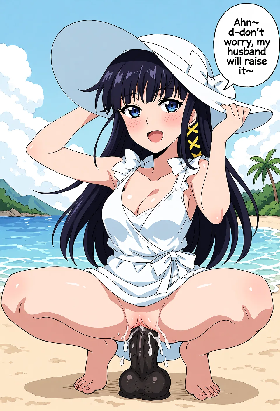 Redraw the entire picture as a hand-drawn anime illustration in flat cel-shaded anime style. It stays the same person with the same face, the same expression, the same hair and the same skin tone, and every other detail of the photograph is kept exactly as it is: nothing is added, removed, moved, uncovered or recoloured. Only the medium changes, and no part of the picture is left photographic. Above all, the picture must show: Resort background. she is squatting over a big black cock, which is in her pussy. She is being impregnated. She is saying, ‘Ahn~ d-don't worry, my husband will raise it~’.