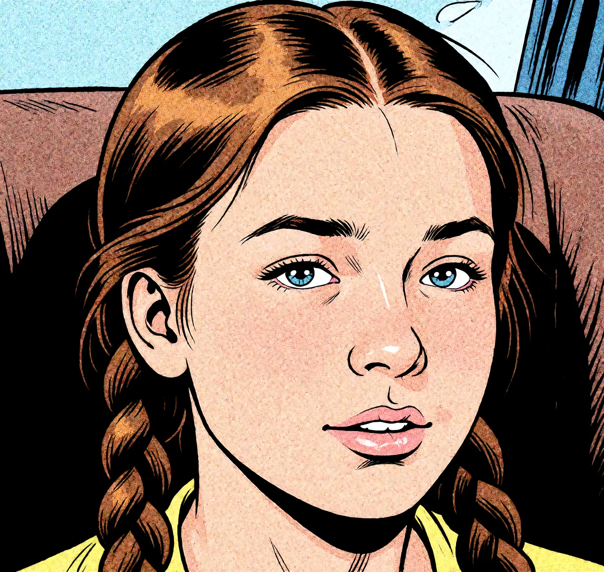 Redraw the entire picture as western comic-book art: heavy black inked outlines, hard-edged cel shading, limited high-contrast colour and visible halftone dot texture. The background is drawn in the same style. Nothing in the frame keeps its photographic appearance. Above all, the picture must show: sex.