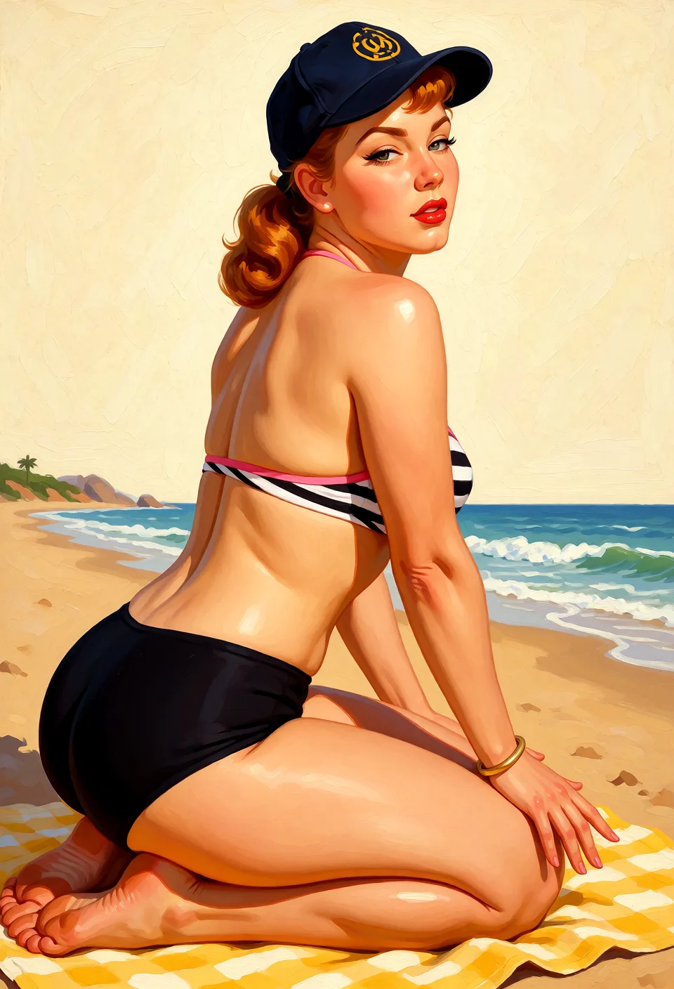 Redraw the entire picture as a retro pin-up illustration: smooth airbrushed gouache paint, warm saturated mid-century colour, clean confident outlines and glamorous stylised features, in the look of a 1950s pin-up poster. The background is painted in the same style. Nothing in the frame keeps its photographic appearance. Above all, the picture must show: bent_over at the hip,face facing camera, camera angle from the back.