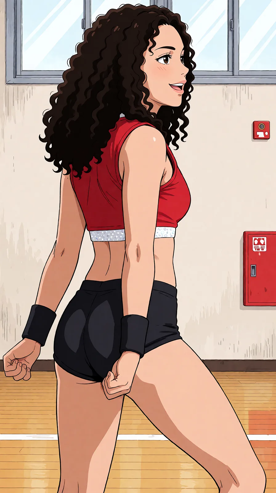 Redraw the entire picture as a hand-drawn anime illustration in flat cel-shaded anime style. It stays the same person with the same face, the same expression, the same hair and the same skin tone, and every other detail of the photograph is kept exactly as it is: nothing is added, removed, moved, uncovered or recoloured. Only the medium changes, and no part of the picture is left photographic. Above all, the picture must show: wrist_cuffs legs_apart.