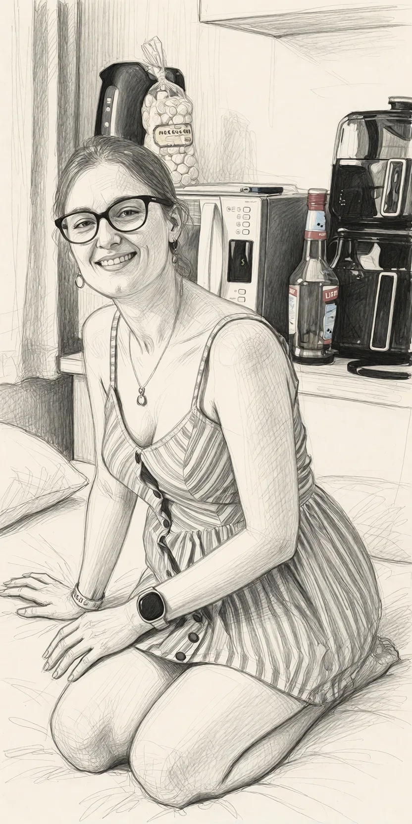 Redraw the entire picture as a hand-drawn graphite sketch on off-white paper: visible pencil strokes, cross-hatched shading, loose construction lines and no colour beyond the grey of the pencil and the tone of the paper. The background is drawn in the same style. Nothing in the frame keeps its photographic appearance. Above all, the picture must show: Elle est nue sur un lit.