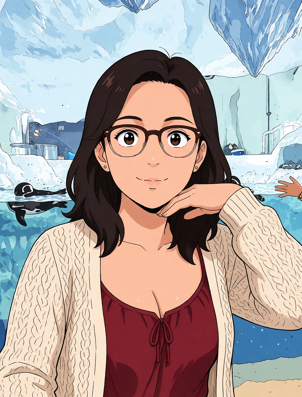 Redraw the entire picture as a hand-drawn anime illustration in flat cel-shaded anime style. It stays the same person with the same face, the same expression, the same hair and the same skin tone, and every other detail of the photograph is kept exactly as it is: nothing is added, removed, moved, uncovered or recoloured. Only the medium changes, and no part of the picture is left photographic. Above all, the picture must show: missionary.