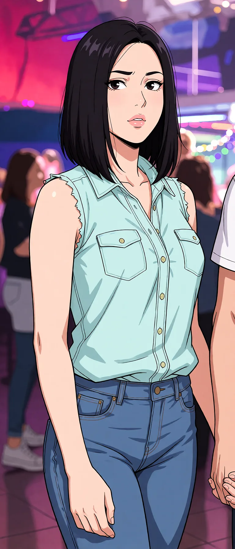 Redraw the entire picture as a hand-drawn anime illustration in flat cel-shaded anime style. It stays the same person with the same face, the same expression, the same hair and the same skin tone, and every other detail of the photograph is kept exactly as it is: nothing is added, removed, moved, uncovered or recoloured. Only the medium changes, and no part of the picture is left photographic. Above all, the picture must show: ahegao.