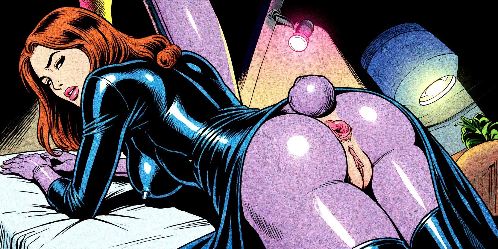 Redraw the entire picture as western comic-book art: heavy black inked outlines, hard-edged cel shading, limited high-contrast colour and visible halftone dot texture. The background is drawn in the same style. Nothing in the frame keeps its photographic appearance. Above all, the picture must show: Make her wear a black latex robe that is parted in the back ro reveal her ass and her pink anus.