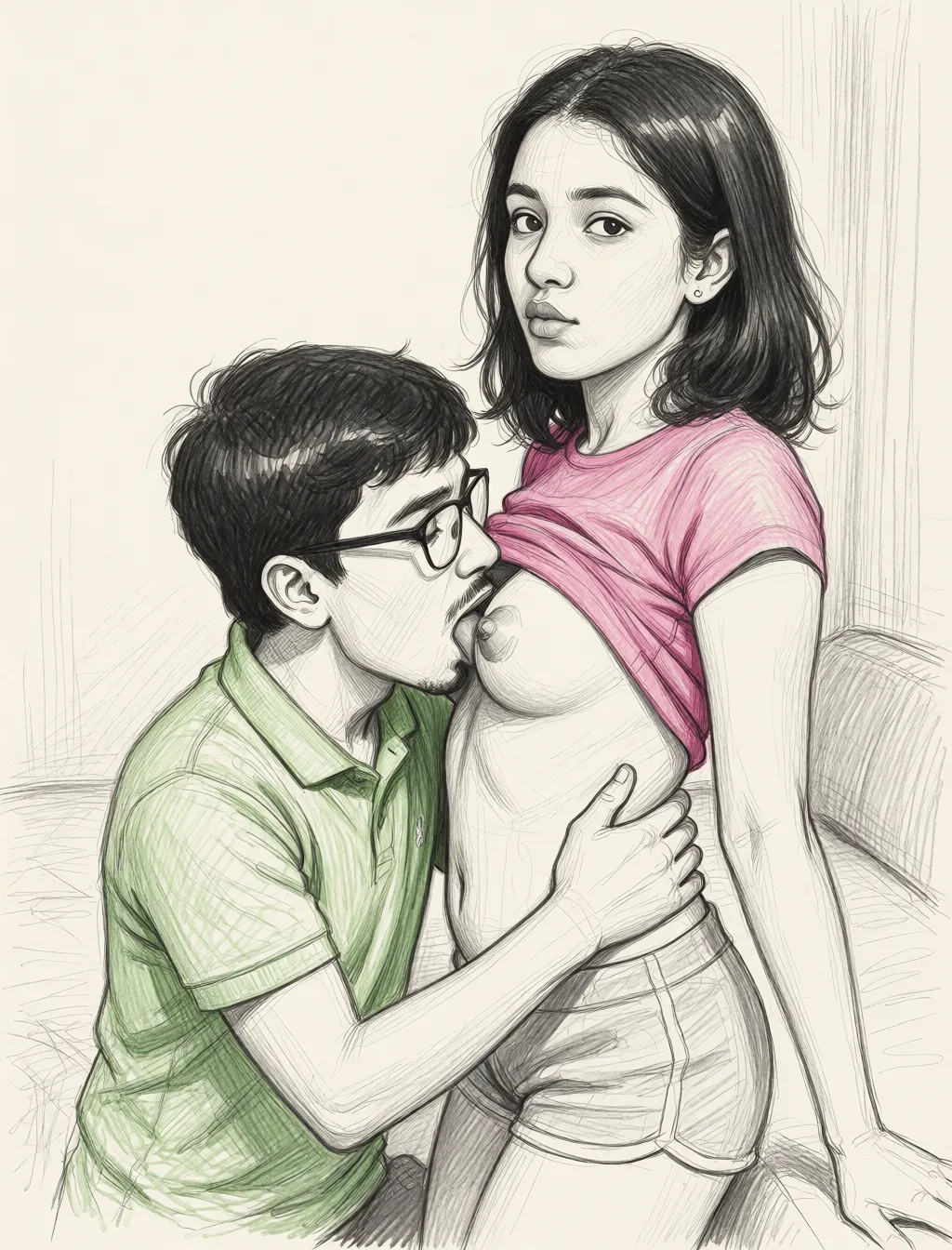 Redraw the entire picture as a hand-drawn graphite sketch on off-white paper: visible pencil strokes, cross-hatched shading, loose construction lines and no colour beyond the grey of the pencil and the tone of the paper. The background is drawn in the same style. Nothing in the frame keeps its photographic appearance. Above all, the picture must show: He removes her tshirt and sucks her breast.