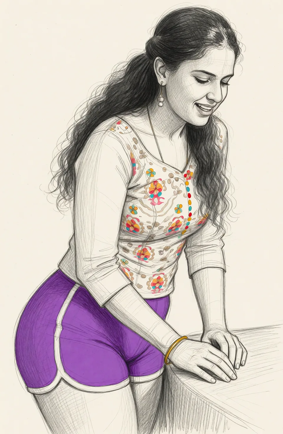 Redraw the entire picture as a hand-drawn graphite sketch on off-white paper: visible pencil strokes, cross-hatched shading, loose construction lines and no colour beyond the grey of the pencil and the tone of the paper. The background is drawn in the same style. Nothing in the frame keeps its photographic appearance. Above all, the picture must show: Wear purple shorts with big ass_focus.