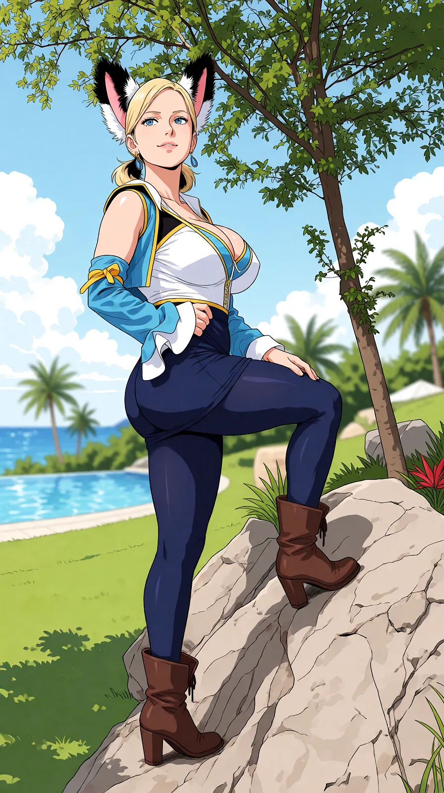 Redraw the entire picture as a hand-drawn anime illustration in flat cel-shaded anime style. It stays the same person with the same face, the same expression, the same hair and the same skin tone, and every other detail of the photograph is kept exactly as it is: nothing is added, removed, moved, uncovered or recoloured. Only the medium changes, and no part of the picture is left photographic. Above all, the picture must show: “Poolside fashion portrait at luxury tropical resort, large_breasts, big ass, palm trees and infinity pool in soft focus background, bright midday sun with strategic shade creating even lighting, shot with f/1.8 lens, vibrant color saturation, resolution, aspirational lifestyle.