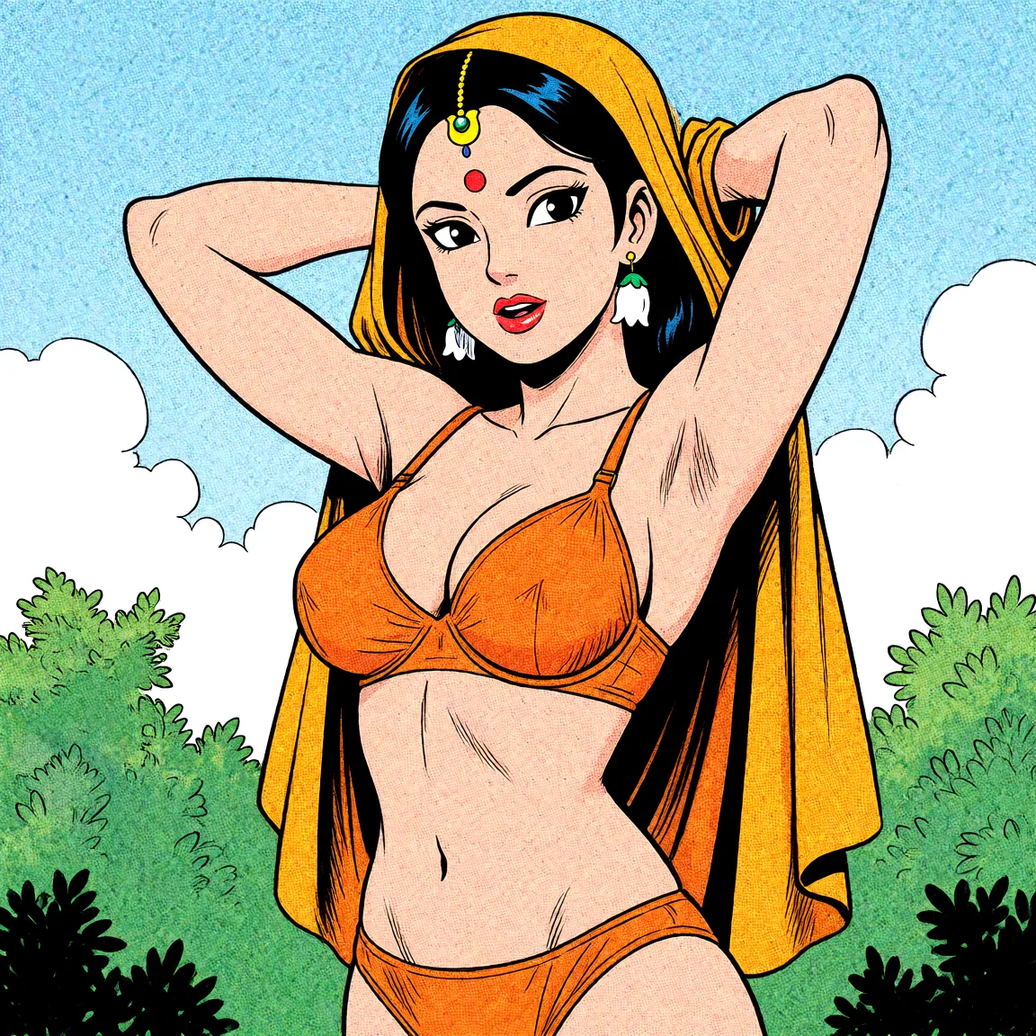 Redraw the entire picture as western comic-book art: heavy black inked outlines, hard-edged cel shading, limited high-contrast colour and visible halftone dot texture. The background is drawn in the same style. Nothing in the frame keeps its photographic appearance. Above all, the picture must show: Standing with her arms behind her head, dressed in saffron lingerie.