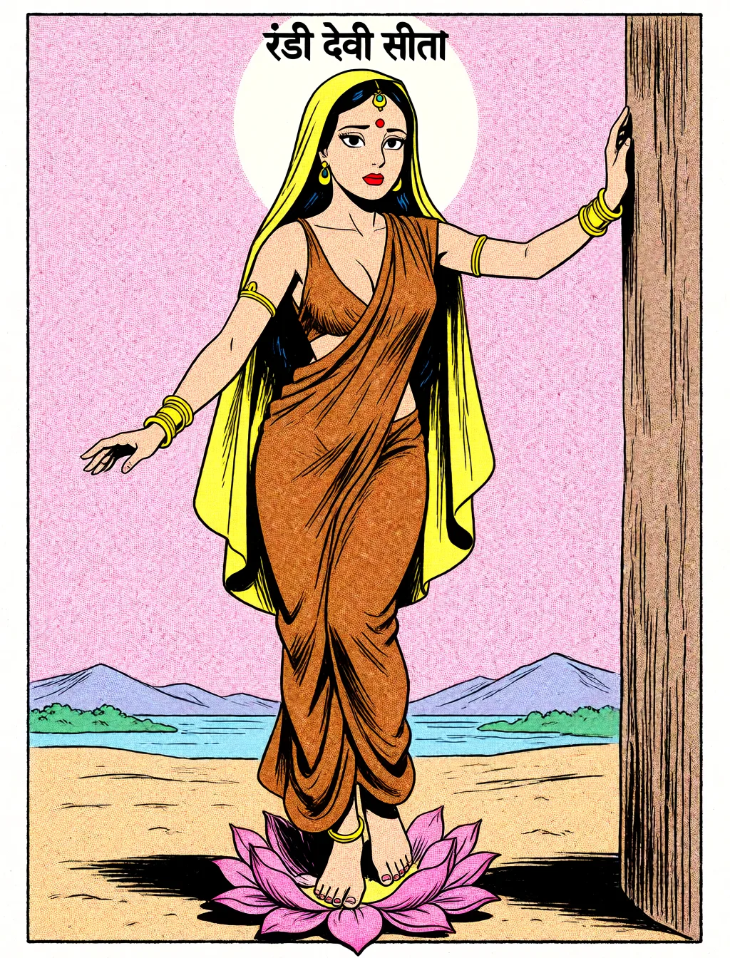 Redraw the entire picture as western comic-book art: heavy black inked outlines, hard-edged cel shading, limited high-contrast colour and visible halftone dot texture. The background is drawn in the same style. Nothing in the frame keeps its photographic appearance. Above all, the picture must show: Standing with her arms in a divine pose, dressed like a prostitute. Long legs lead down towards delicate feet which stand upon a lotus. Above her head, the words 'रंडी देवी सीता' can be seen.